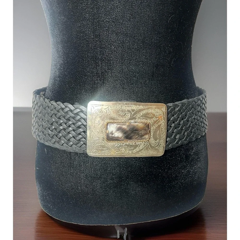 Motif 56 Wide Braided Leather Belt With Silver Buckle Vintage Medium